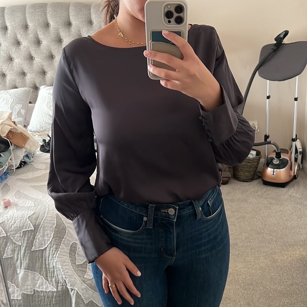 🆕 ANN TAYLOR Boatneck Gray Balloon Sleeve Blouse - Size M